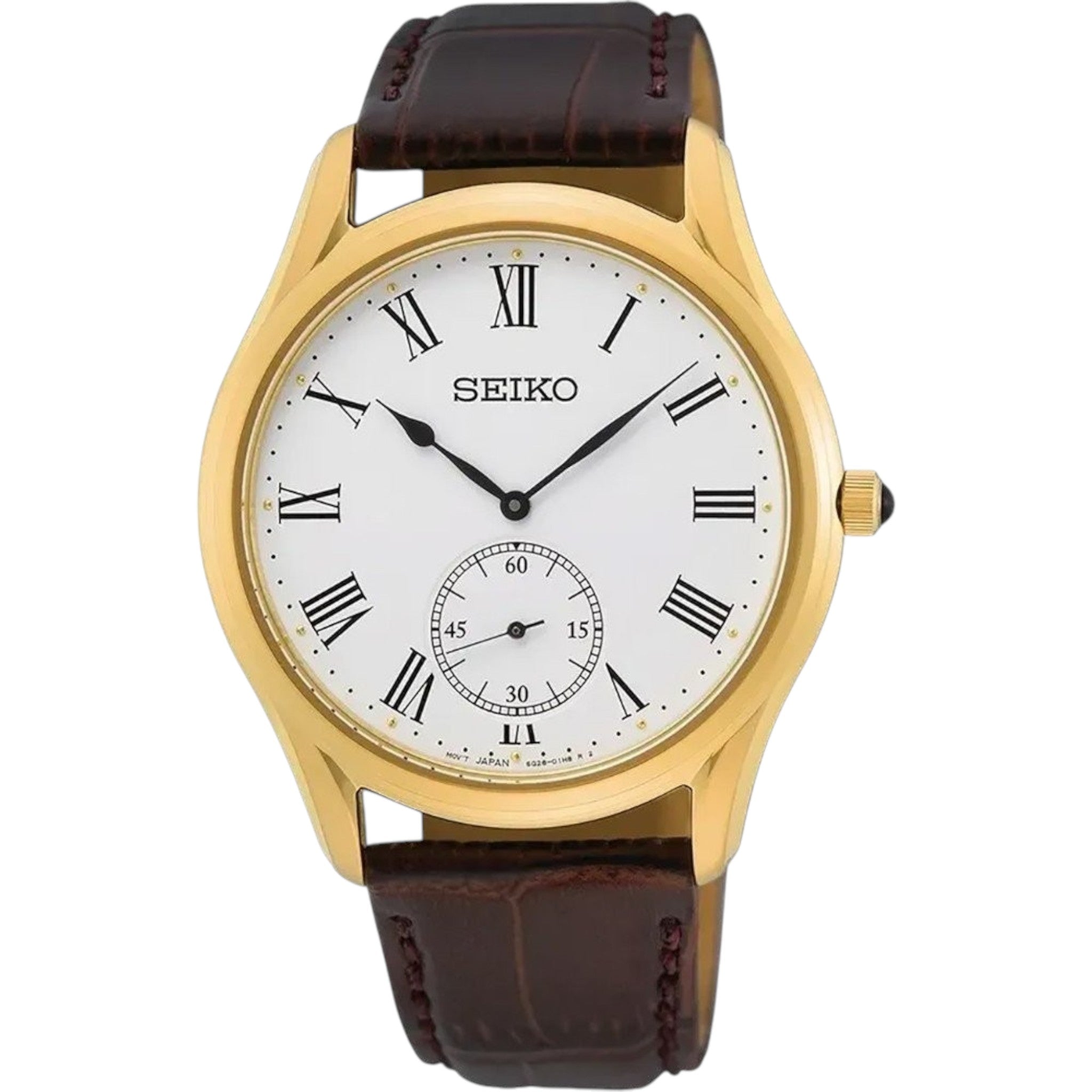 Montre Seiko Classic Homme SRK050P1 Doré Blanc Cuir Marron Quartz