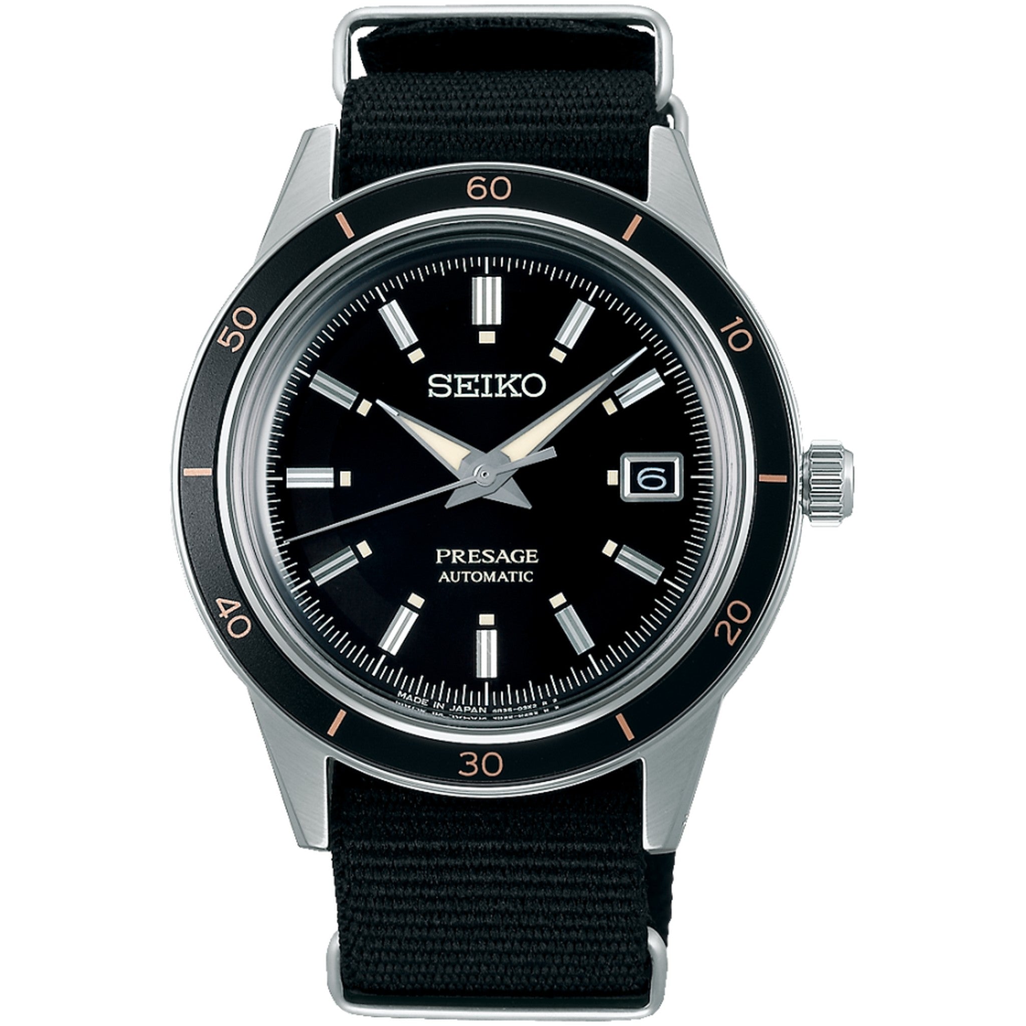 Seiko Presage Herren-Automatikuhr SRPG09J1, schwarzes Nylonarmband im Stil der 60er Jahre