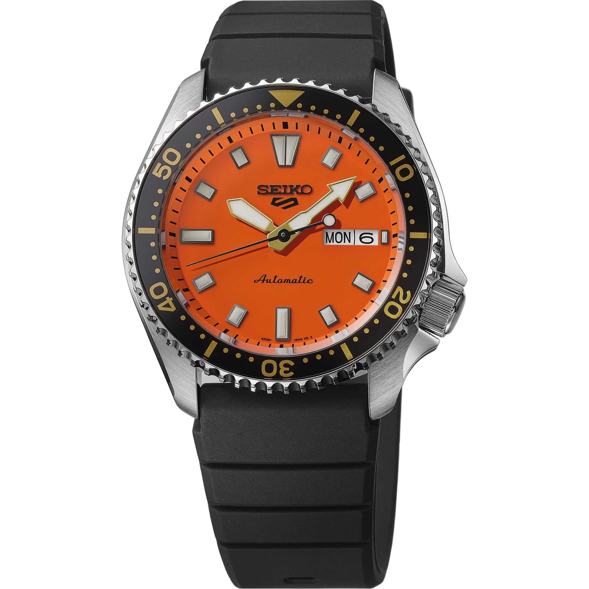 Seiko 5 Sports Herren-Automatikuhr SRPL89K1 mit orangefarbenem Silikonarmband
