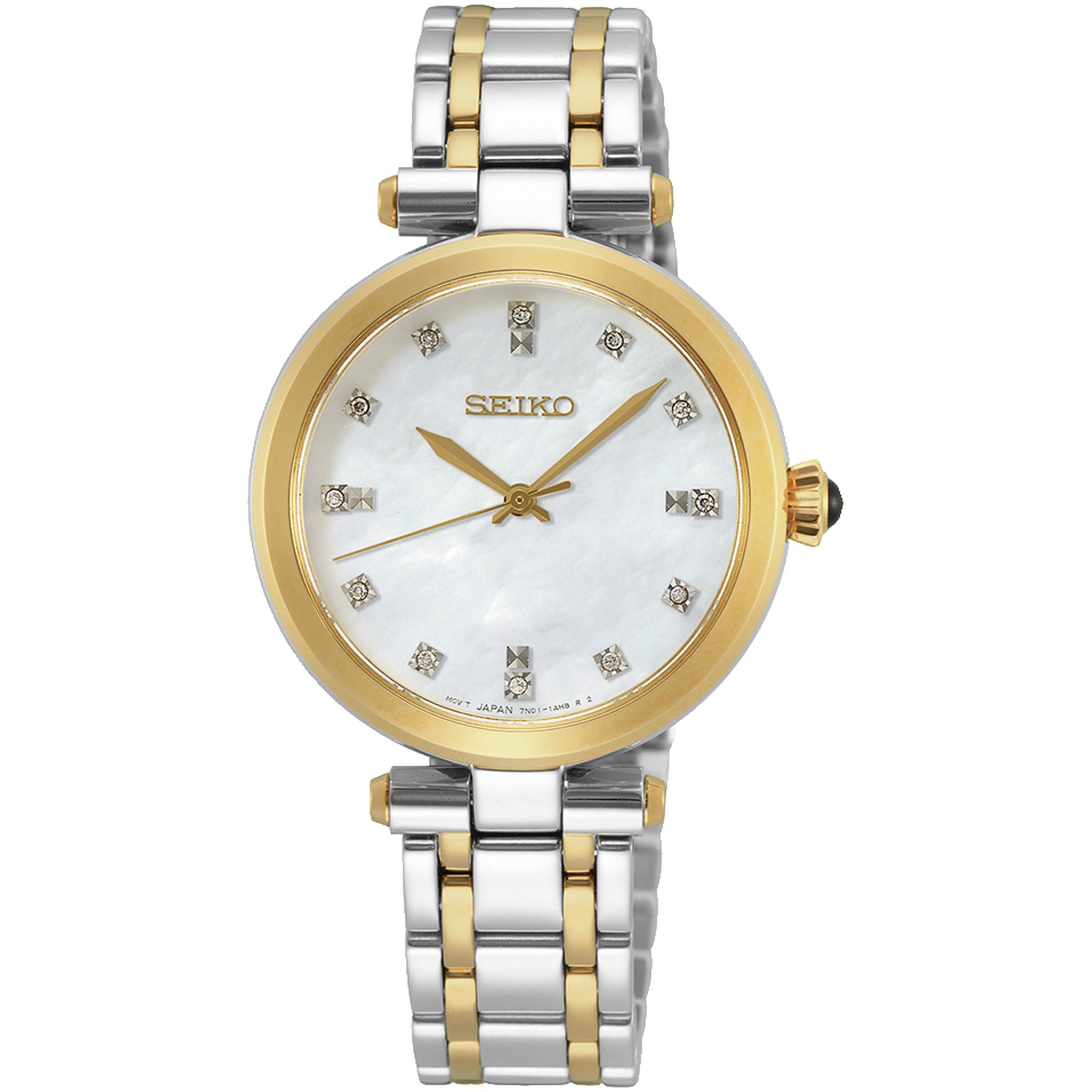 Seiko Women's Quartz Watch SRZ532P1 Silver Gold Mother of Pearl 12 Diamonds