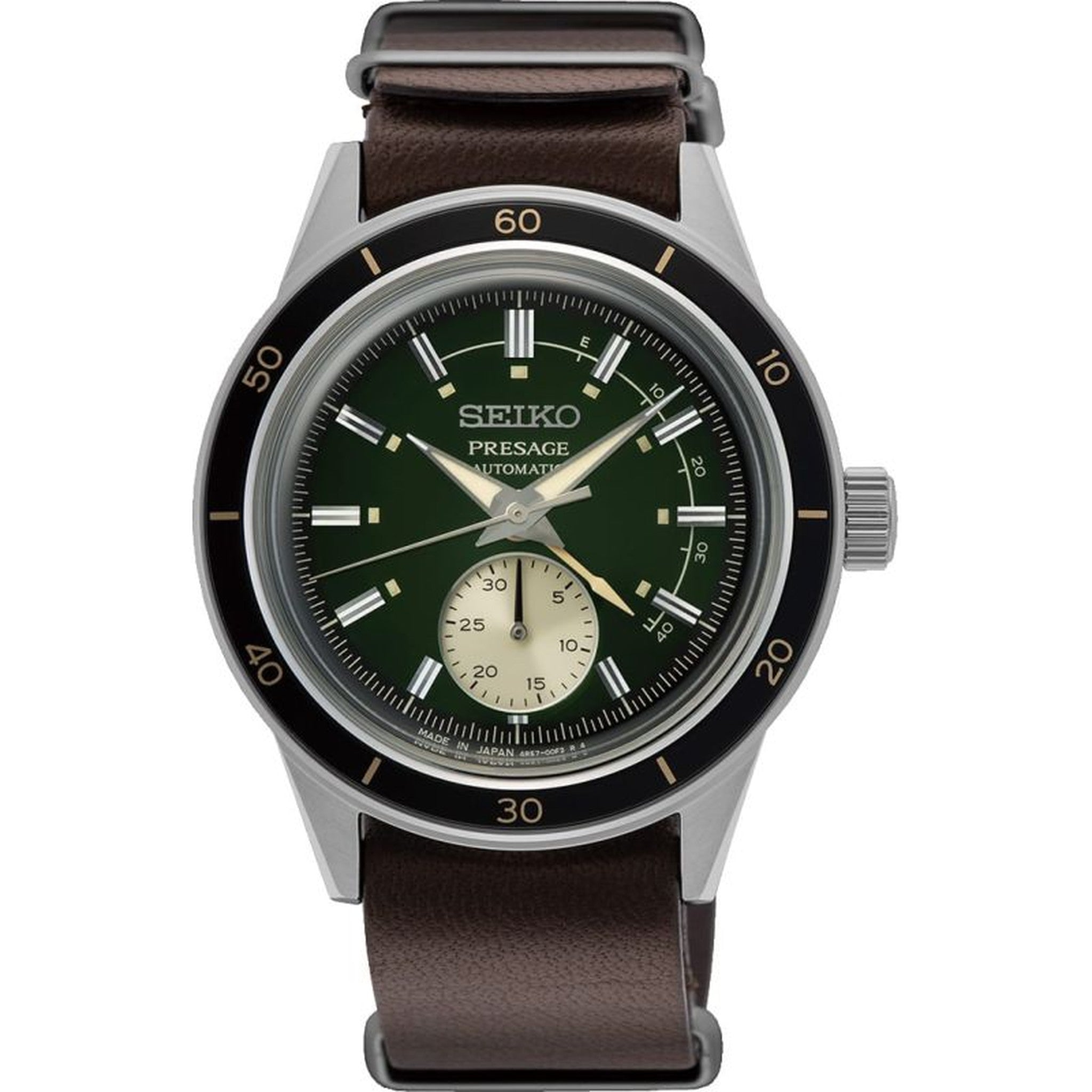 Seiko Presage Men's Automatic Watch SSA451J1 Green 60s Style Leather Strap