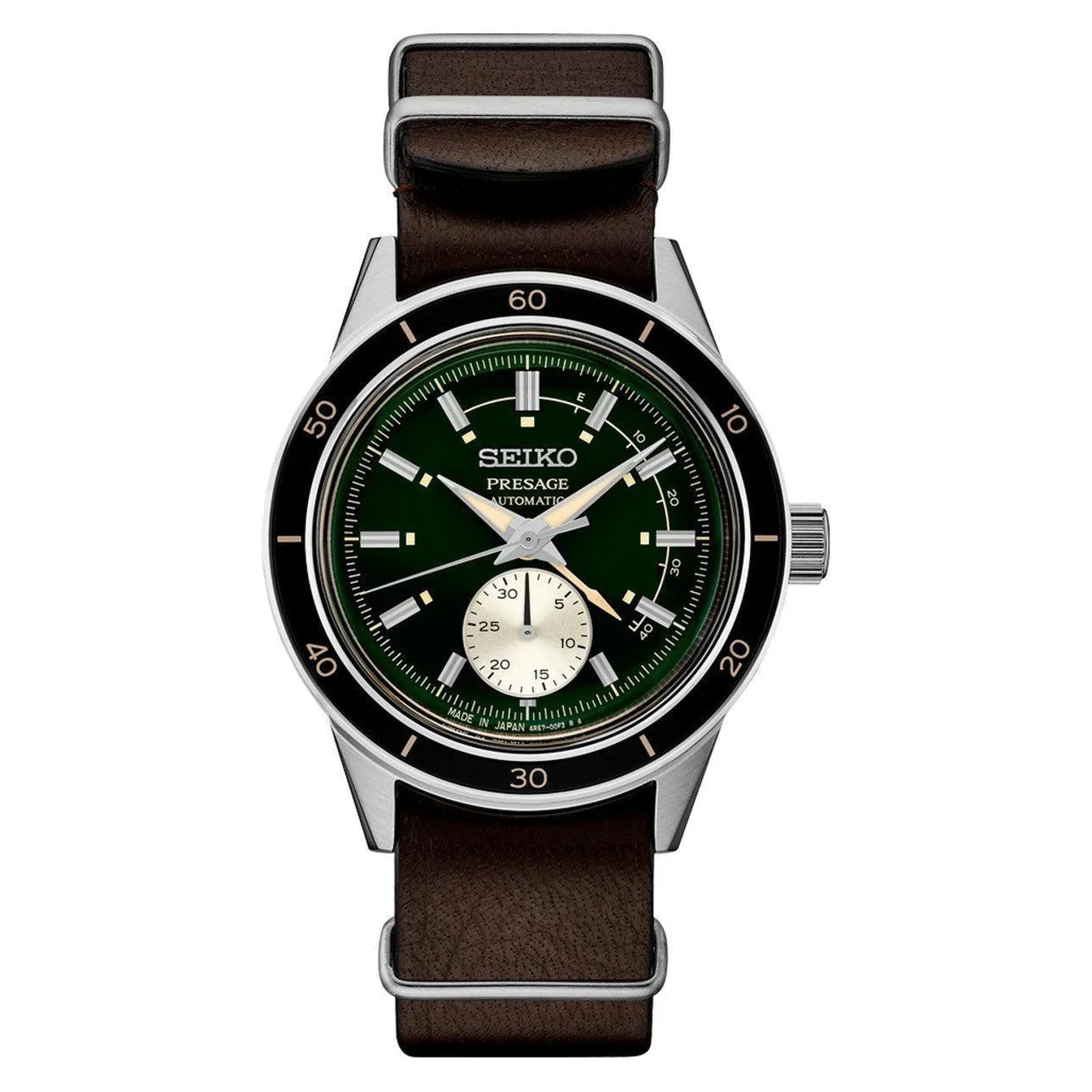 Seiko Presage Men's Automatic Watch SSA451J1 Green 60s Style Leather Strap