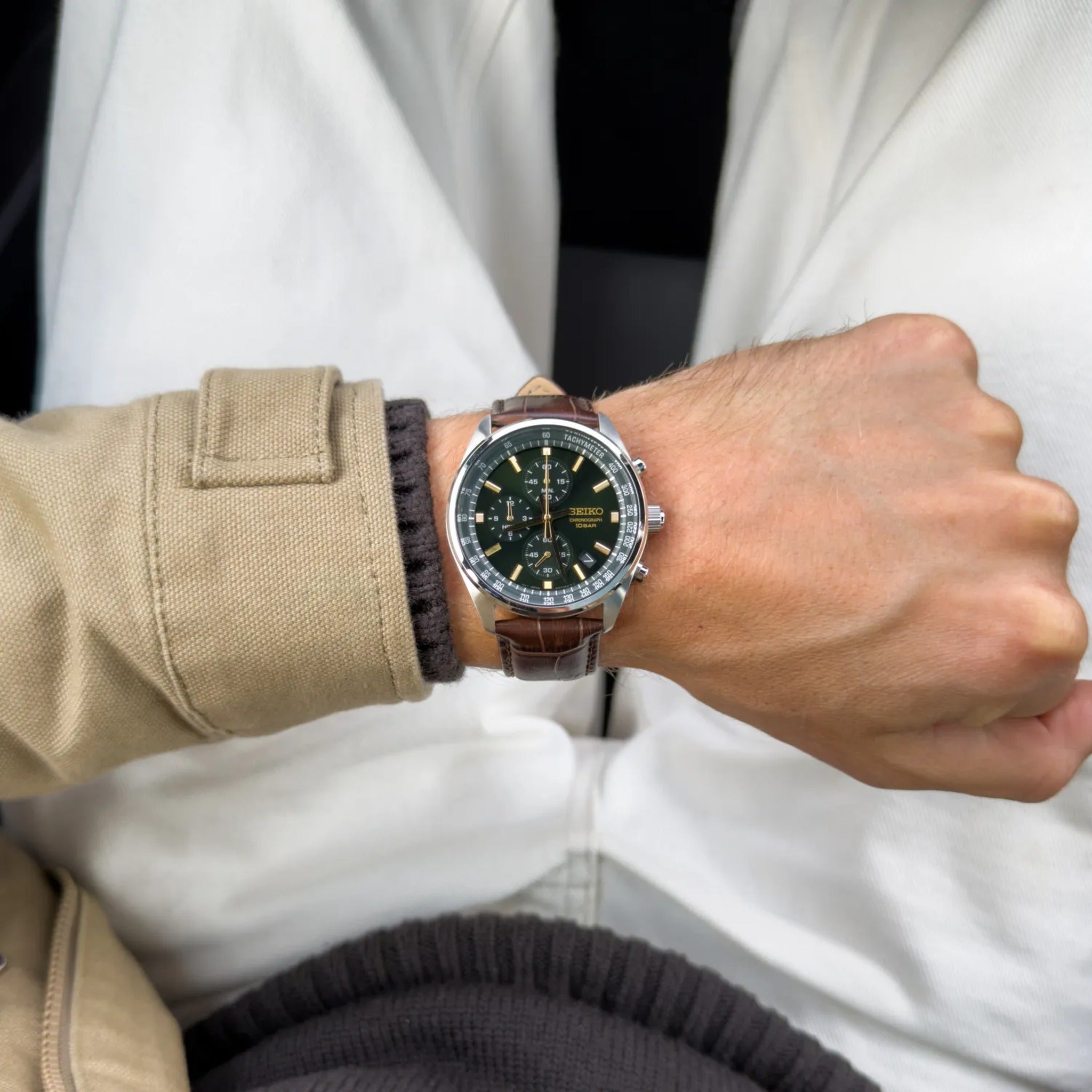 Seiko Men's Chronograph Sport Watch Quartz SSB385P1 Green Leather Strap