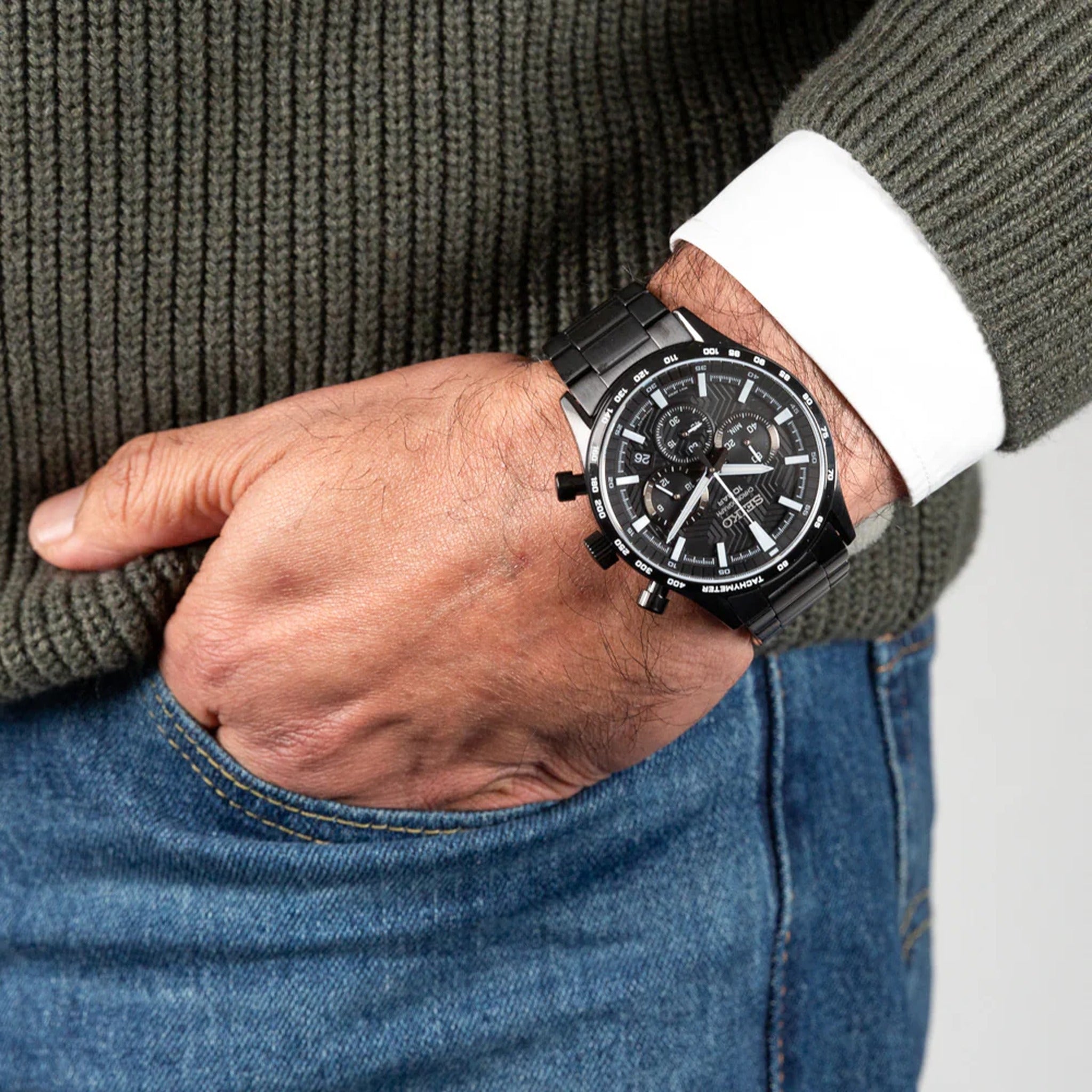 Seiko Herren-Uhr Urban Sports Chronograph Quarz SSB415P1 Schwarz Weiß