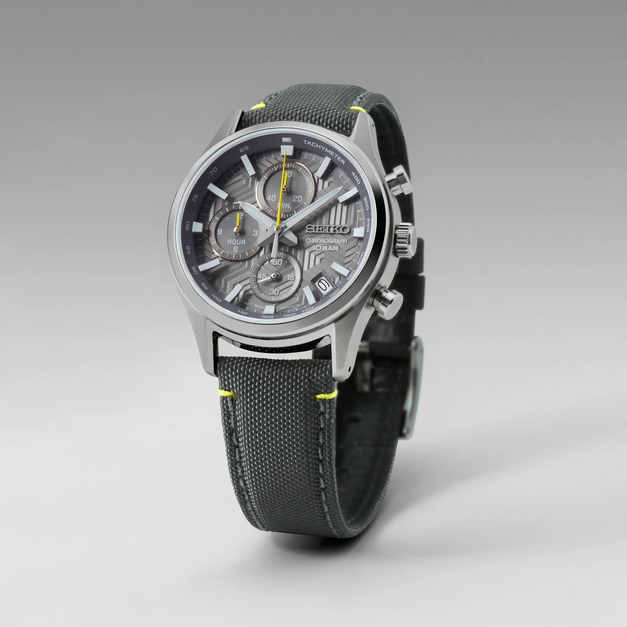 Seiko Herren-Chronograph Urban Sports, Quarz, SSB423P1, Grau/Gelb, Nylonarmband