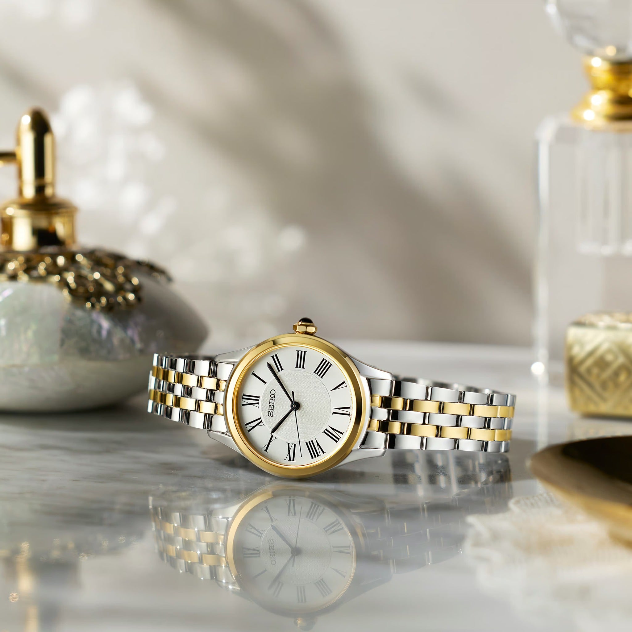 Seiko Classic Quartz Women's Watch SUR612P1 Silver Gold Roman Numerals