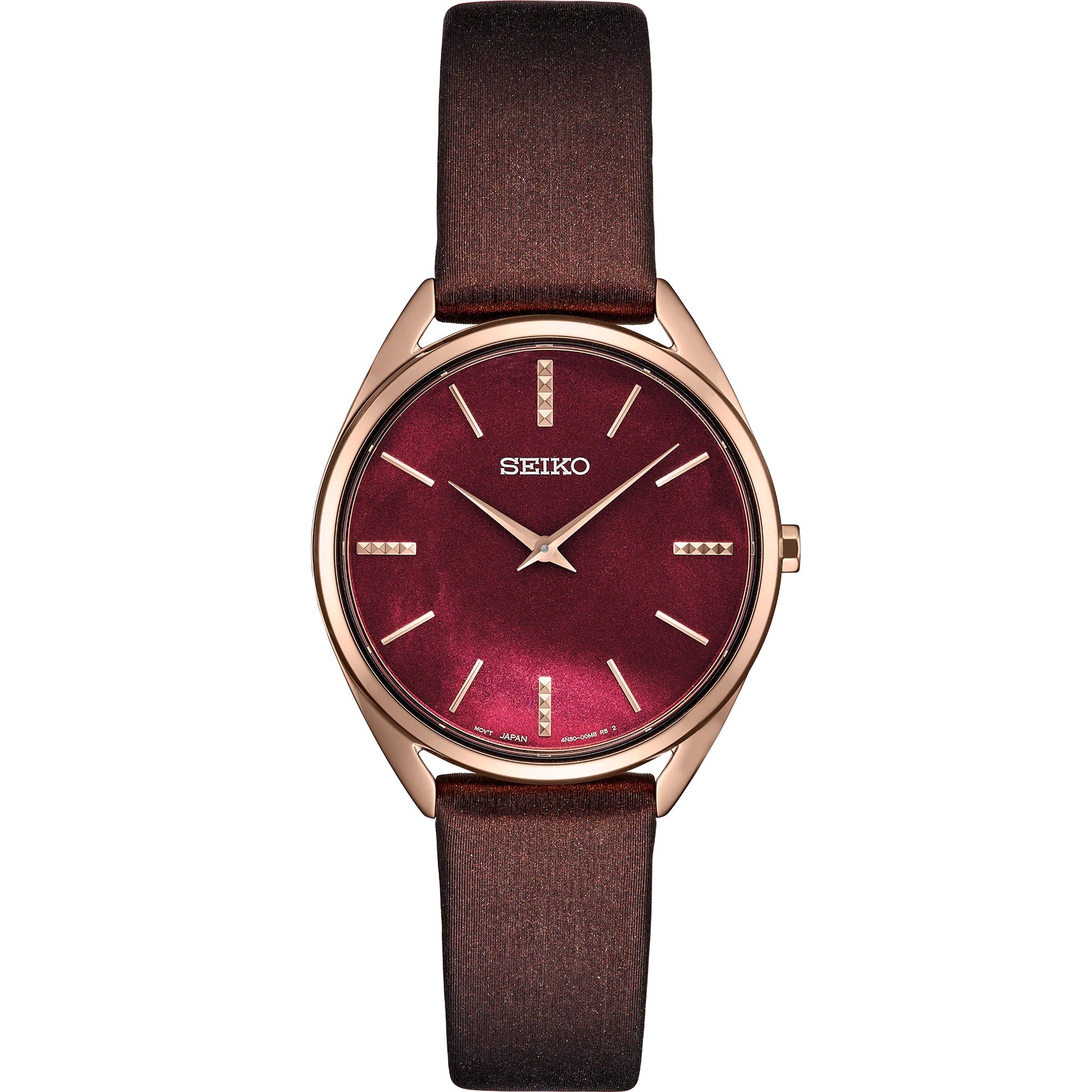 Montre Seiko Essentials Quartz Ronde Femme SWR082P1 Or Rose Bordeaux Bracelet Cuir