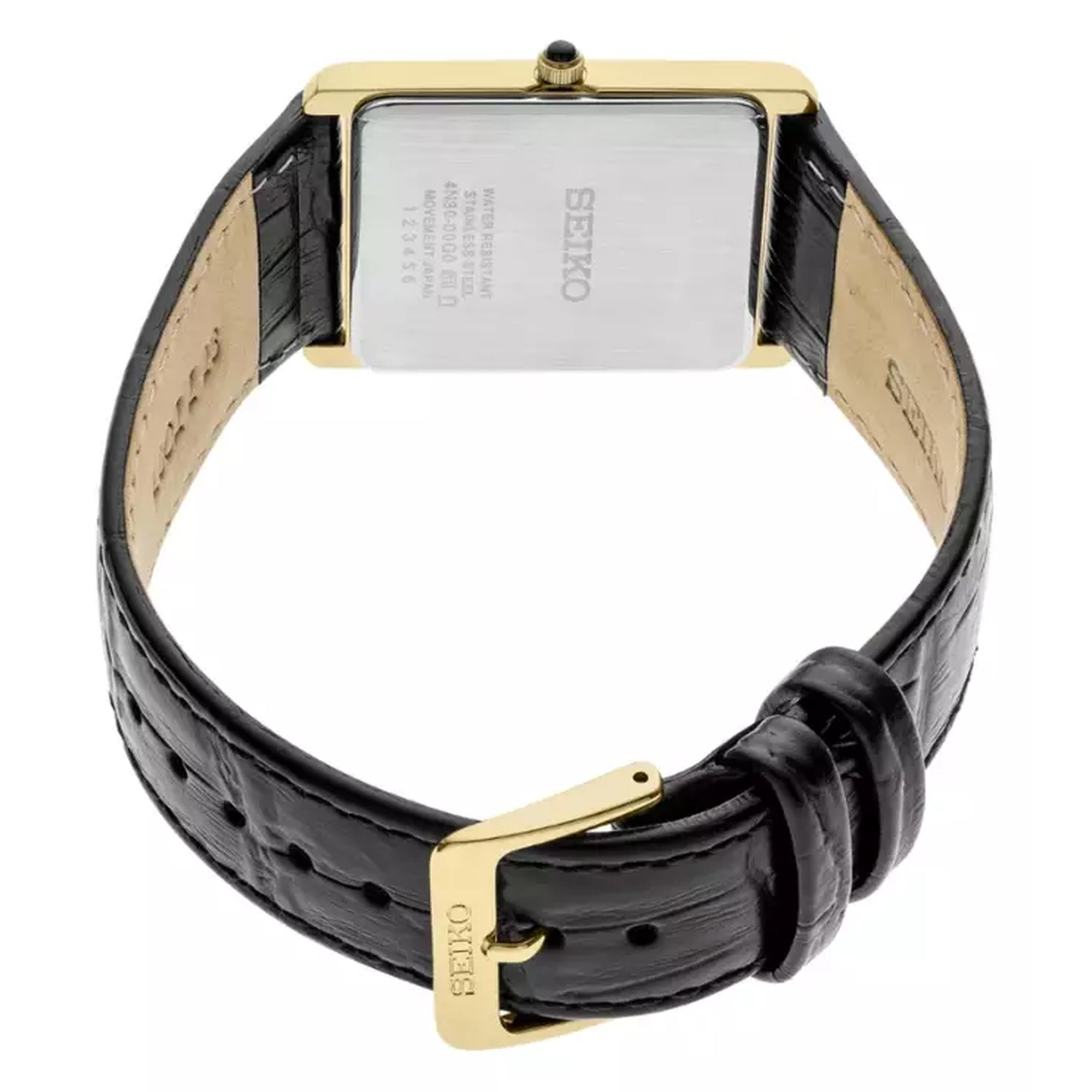 Seiko Klassische rechteckige Herrenuhr SWR104P1 Gold und Weiß mit römischen Ziffern
