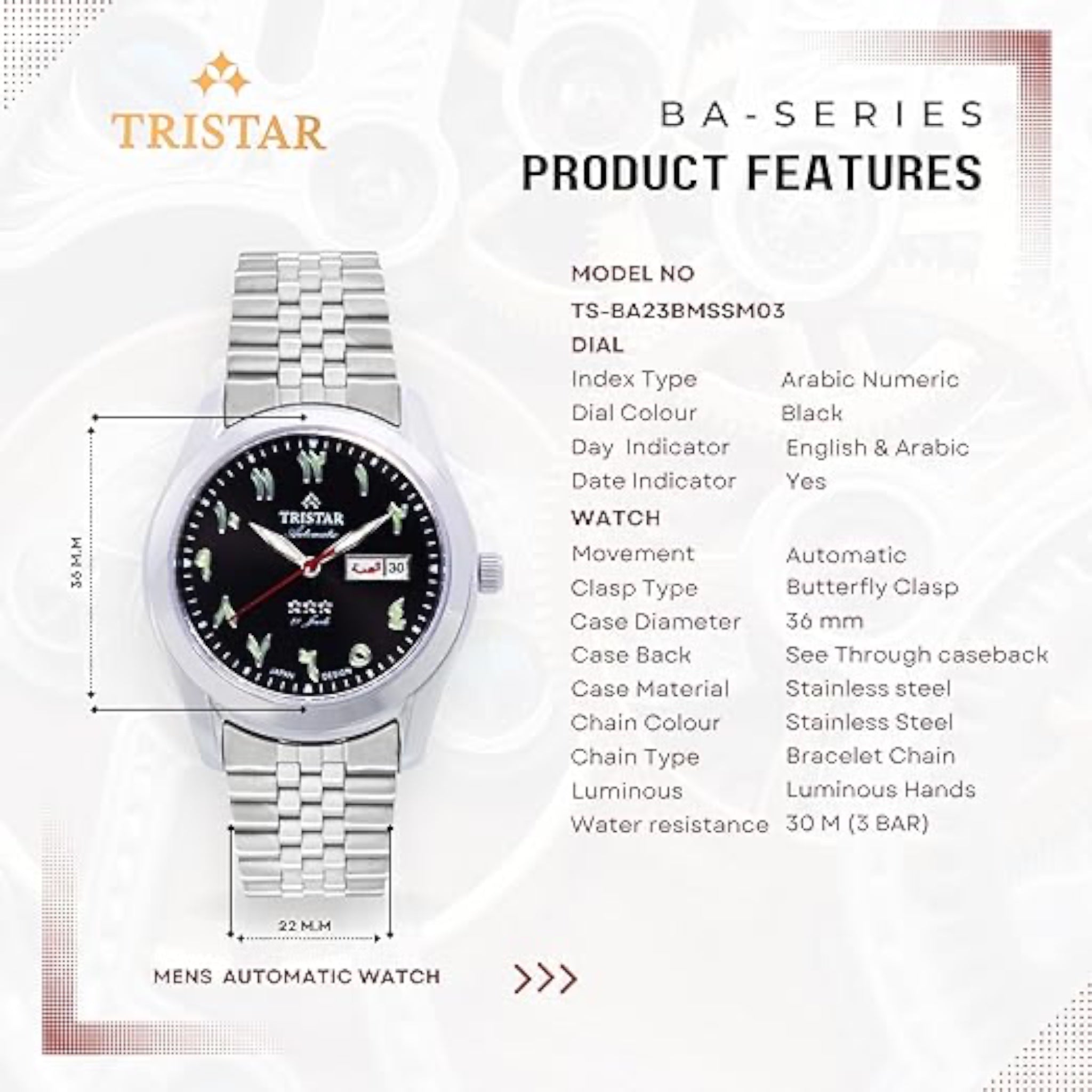 Tristar Arabic Dial BA23BMSSM03 Black Automatic Watch