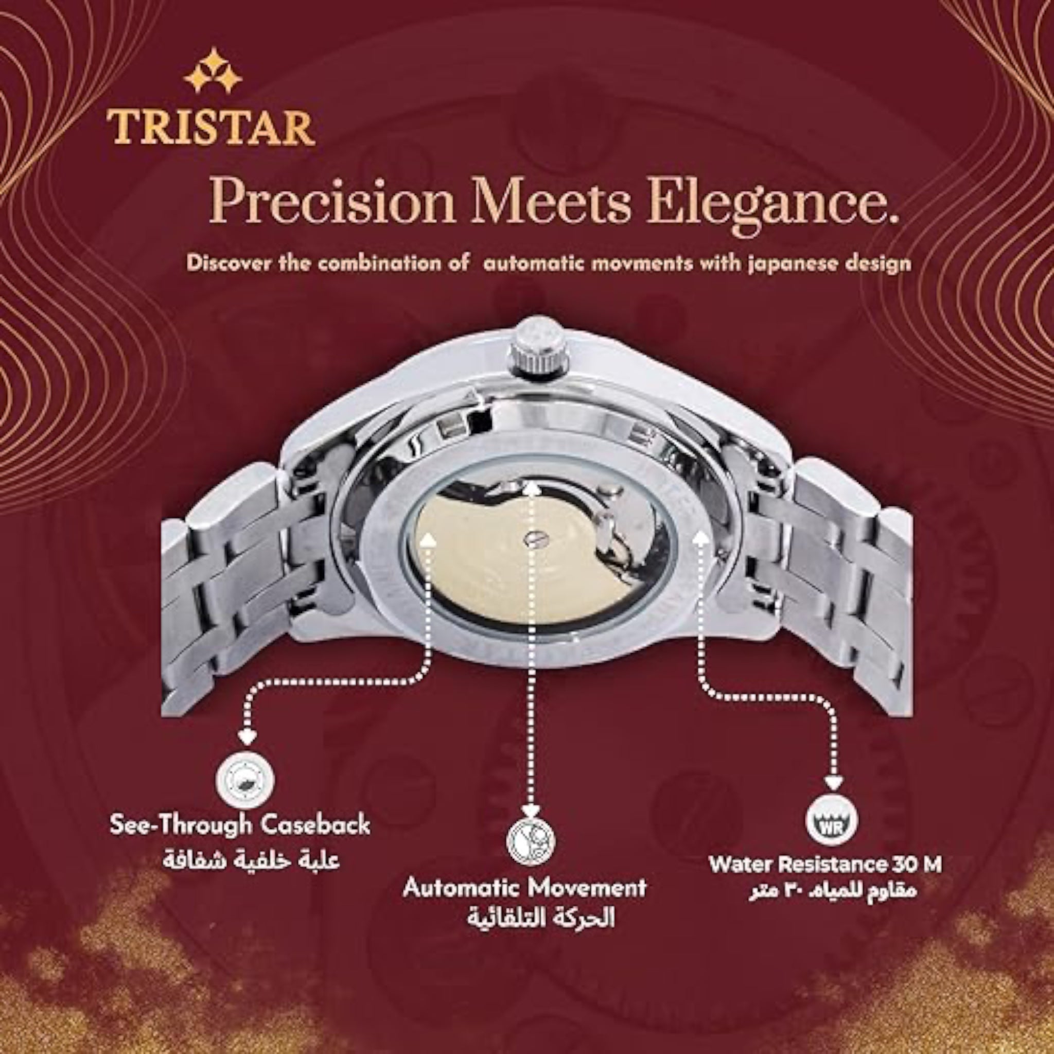 Tristar-Armbanduhr mit arabischem Zifferblatt, Tristar BA23BMSSM03, Schwarz, Automatik