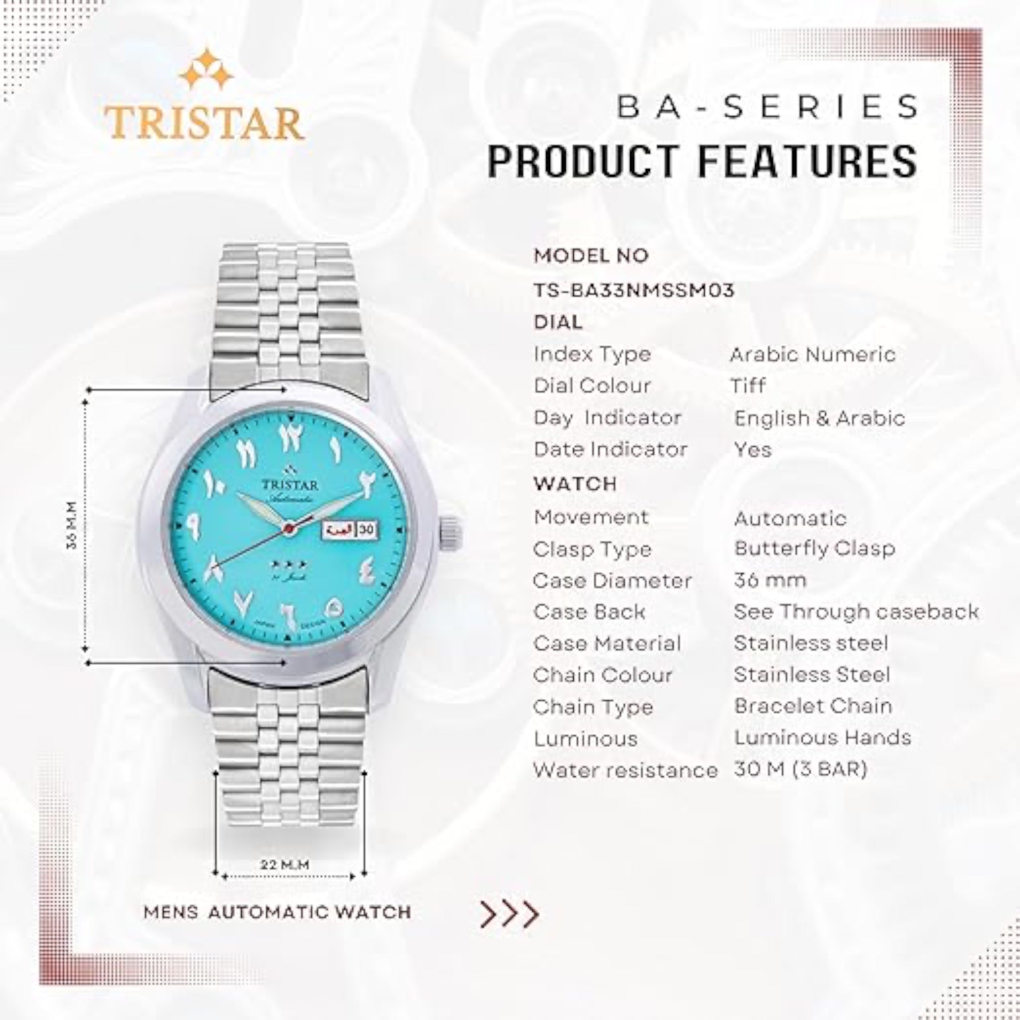 Montre Tristar Arabic Dial BA33NMSSM03 Bleu Turquoise Tifanny Automatique