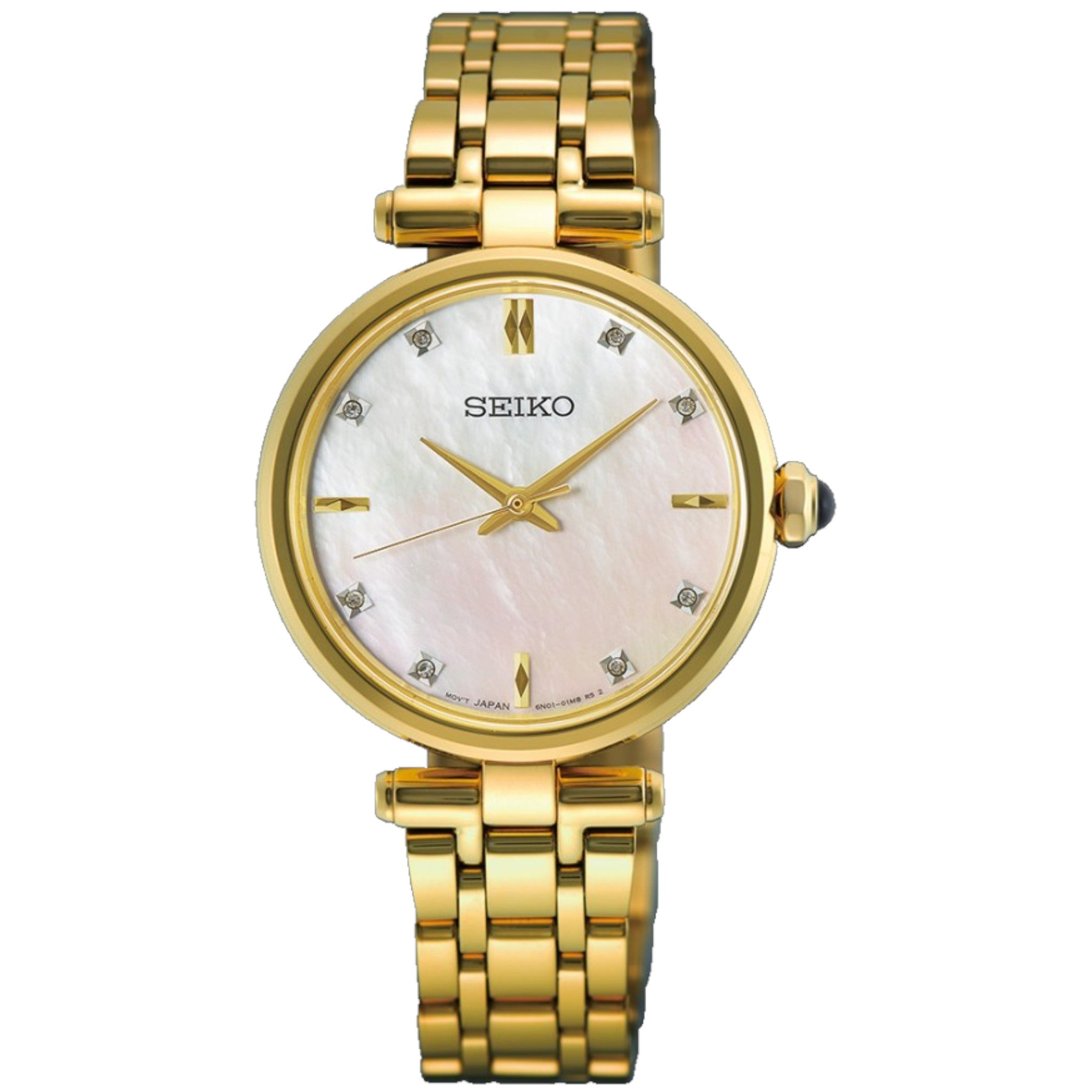 Seiko Classic Round Women's Watch HGH008P1 Diamonds Mother of Pearl Gold